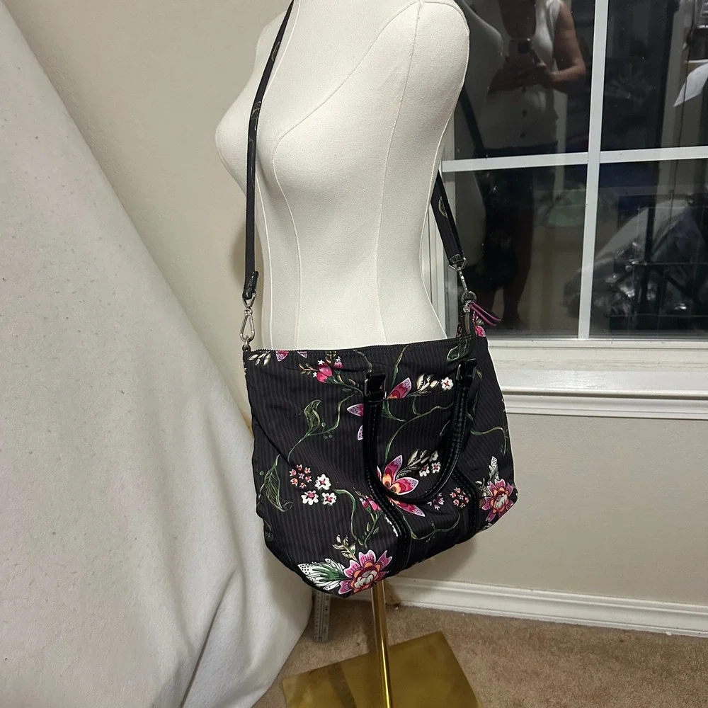 Vera Bradley Floral Pinstripe Crossbody Tote Bag Black Pink Purple Handbag